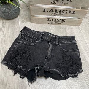 American Eagle Lace Cutoff Jean Shorts Hi-Rise Super Super Stretch X Denim Black
